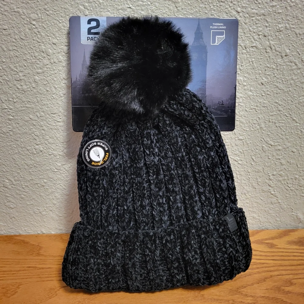 NWT Two London Fog Knit Thermal Plush Lining Beanies - Black & Pink